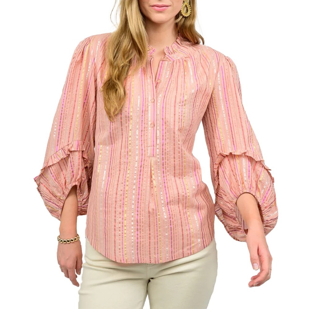 Ivy Jane Women Rose Metallic Striped Top XS Pink Ruffle Balloon Sleeve Blouse